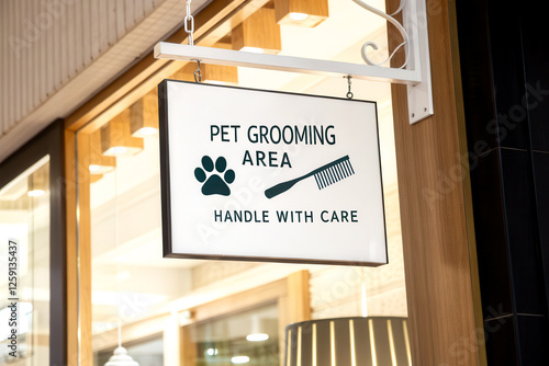 A sign indicating a pet grooming area, featuring a paw print and a grooming brush, with a caution to handle pets with care. photo