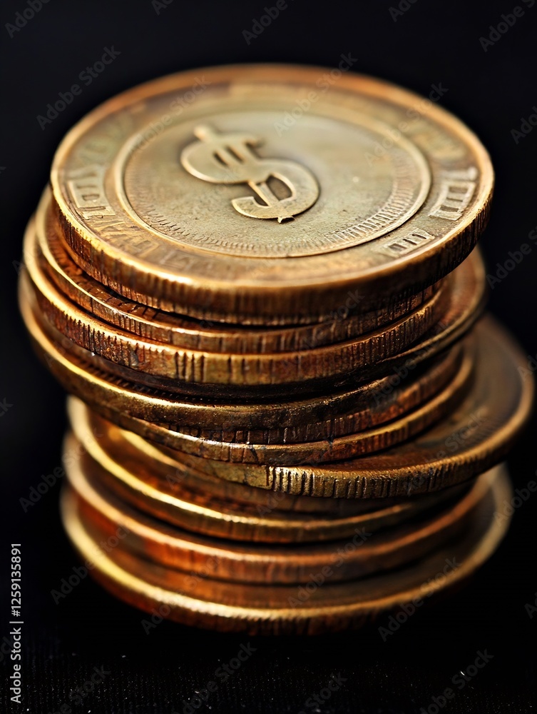 Stacked Gold Coins with Dollar Signs Against a Black Background : Generative AI