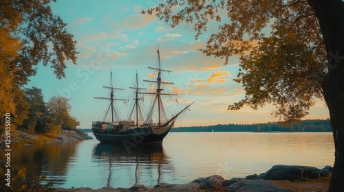 Historic sailing ship docked at a quiet harbor under a pastel evening sky.