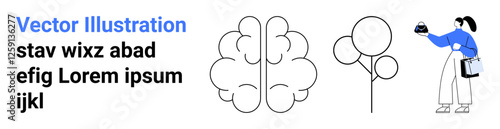 Woman holding rake, nurturing tree with water can, abstract brain outline, and minimal tree. Ideal for ecology, growth, sustainability, psychology, education mindfulness flat landing page banner
