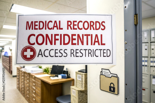 A sign indicating that medical records are confidential and access is restricted, located in an office environment.