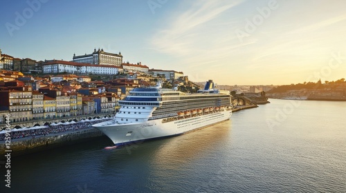 Luxury cruise ship docked at a scenic European port city with historical buildings.