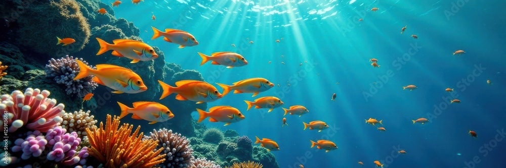 Fototapeta premium School of colorful fish swimming together in the ocean, sea creatures, ocean scenery, coral reef