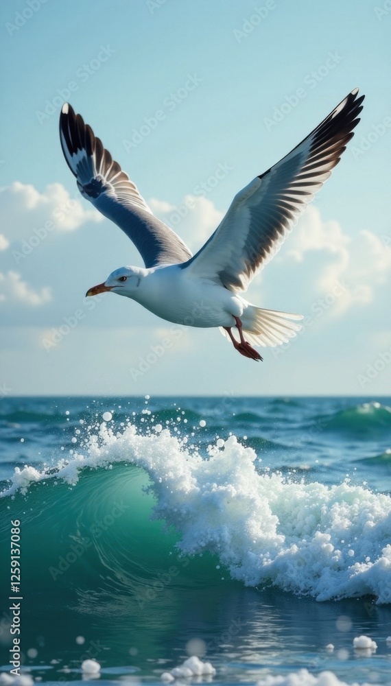 Fototapeta premium Seagull flying over waves, flying, bird, sea