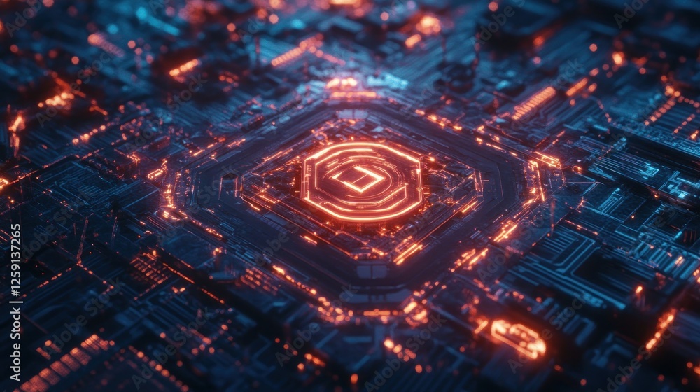 Obraz premium Abstract glowing circuit board with central processor. (1)