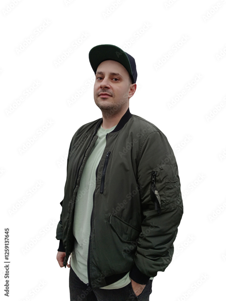 Portrait of a young man in a green jacket and cap on the street Portrait of a young man in a green jacket and cap on the street