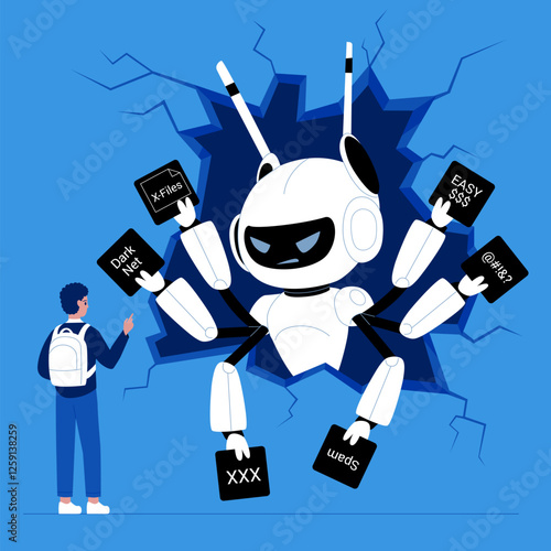 Fake news, false information and unethical bad support in chatbot mobile app. Angry robot with many hands warning man customer about danger from smartphone screen cartoon vector illustration