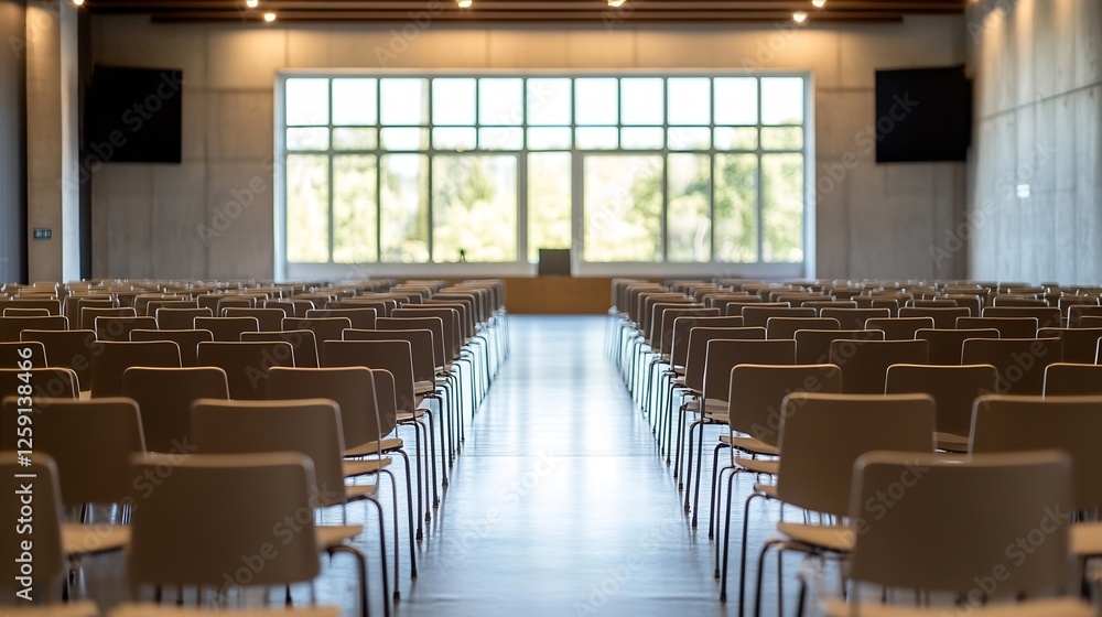 Modern Conference Room with Rows of Empty Chairs and Natural Light Streaming Through Large Windows : Generative AI Modern Conference Room with Rows of Empty Chairs and Natural Light Streaming Through Large Windows : Generative AI