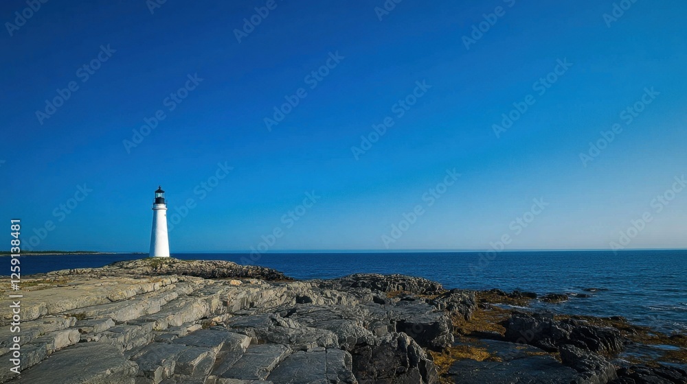 Obraz premium Serene coastal lighthouse standing tall on rocky shores against a deep blue sky.