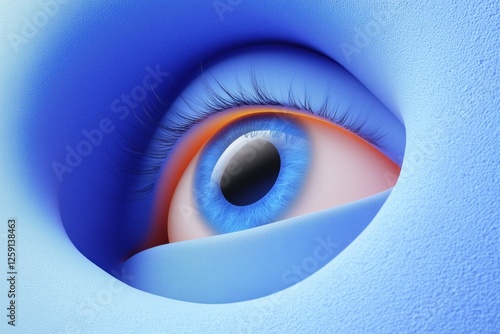 A close-up of a stylized human eye with vibrant blue iris and long eyelashes, set against a smooth, abstract blue background. 3d rendering cute illustration creative scene.