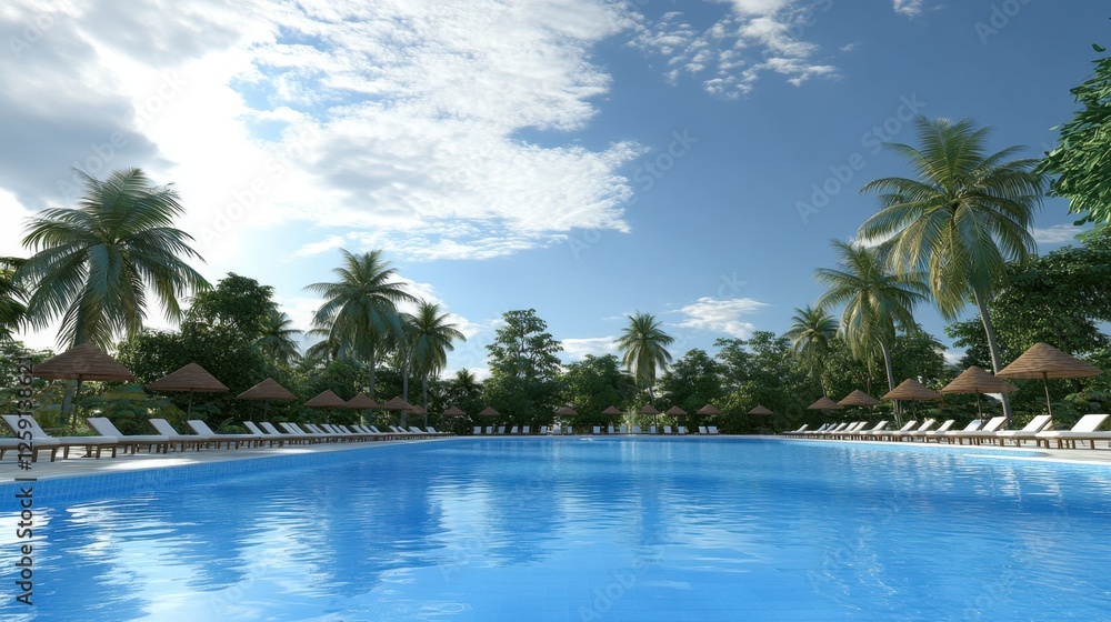 Spacious resort pool surrounded by palm trees, sun loungers, and tropical drinks. Spacious resort pool surrounded by palm trees, sun loungers, and tropical drinks.