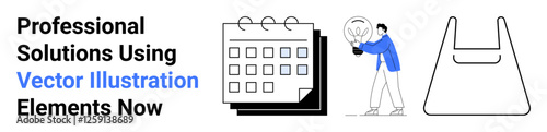 Calendar representing planning, thinker holding a glowing bulb for creativity, minimal shopping bag outline. Ideal for productivity, innovation, design, shopping, organization, e-commerce flat