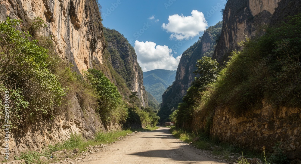 Driving Through a Narrow Mountain Pass with High Cliff Walls Driving Through a Narrow Mountain Pass with High Cliff Walls