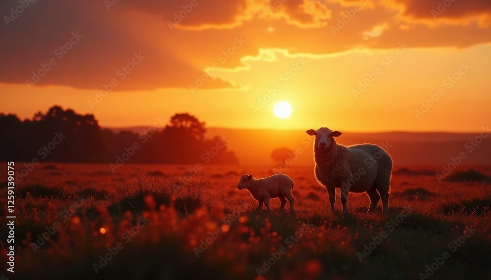 Sheep silhouette in farm yard at sunset, silhouette, yard, sheep Sheep silhouette in farm yard at sunset, silhouette, yard, sheep