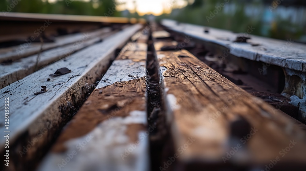 Close Up of Old Weathered Wooden Planks Leading Towards a Soft Sunset in Rural Setting : Generative AI