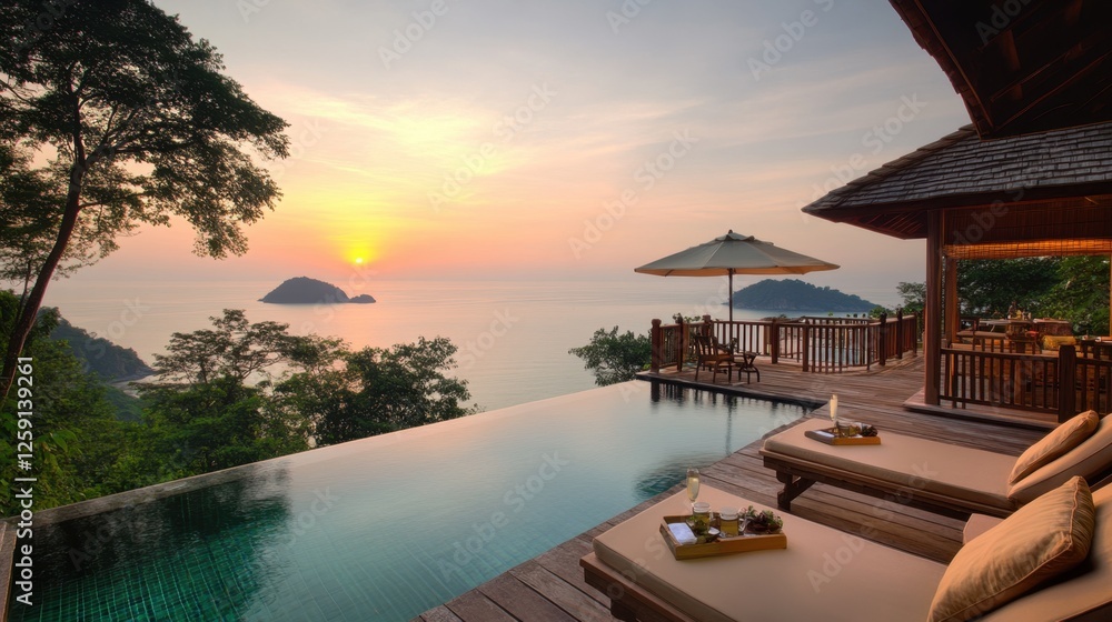 Fototapeta premium Sunset view from a private infinity pool at an exclusive island resort.