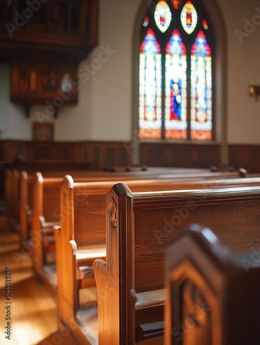 Serene and Peaceful Interior of a Traditional Church with Beautiful Stained Glass Windows Illuminating the Space : Generative AI photo