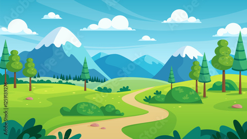 Summer landscape with road between bright green hills to mountain range on horizon. Sunny simple countryside scenery, pasture meadow and pine trees, clouds in blue sky cartoon vector illustration