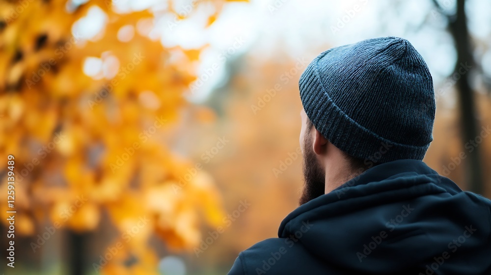 Fototapeta premium Stylish Man in Knitted Beanie Outdoors with Colorful Autumn Leaves in Background : Generative AI
