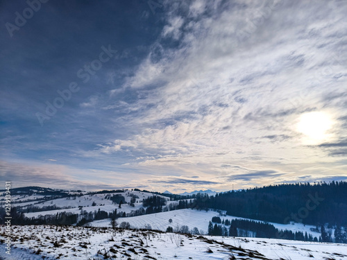 Fototapeta Naklejka Na Ścianę i Meble -  View of the hills and valleys in the Beskidy in winter with the Tatra Mountains in the background 