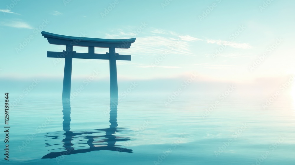 The peaceful floating torii gate of Itsukushima Shrine standing in the calm waters.