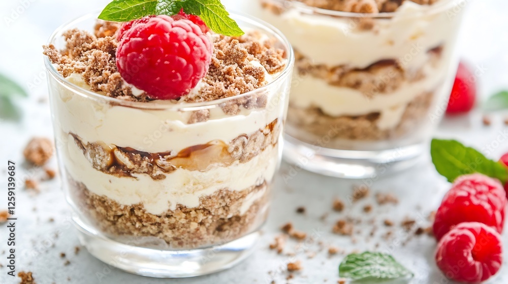 Delicious raspberry dessert in glass cups with cream layer and crumbled biscuit topping : Generative AI Delicious raspberry dessert in glass cups with cream layer and crumbled biscuit topping : Generative AI