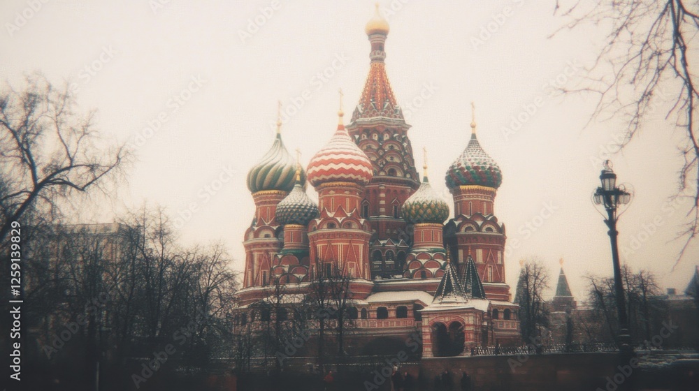 Fototapeta premium The striking Red Square in Moscow featuring St. Basils Cathedrals vibrant domes.