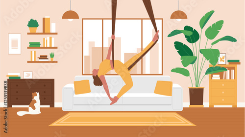 Vector illustration of a woman practicing aerial yoga using silk ropes in a cozy home setting with a cat, emphasizing fitness, flexibility, and wellness in a relaxing environment.