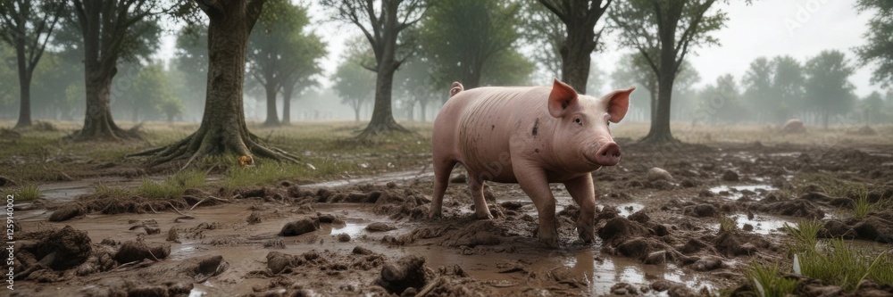 Pig in muddy field with trees, farm, pig, rural Pig in muddy field with trees, farm, pig, rural