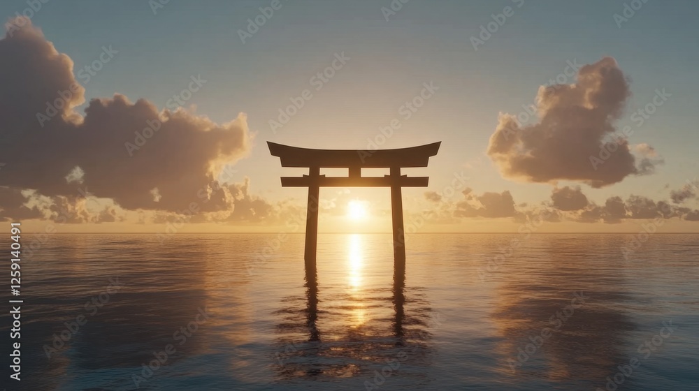 Traditional Japanese torii gate standing in calm waters during sunrise. Traditional Japanese torii gate standing in calm waters during sunrise.