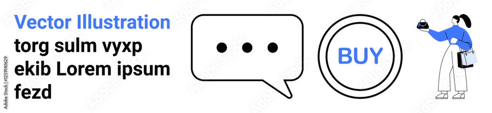 Speech bubble, circular buy button, individual with a purchase. Ideal for communication, online shopping, customer service, marketing, sales, digital platforms flat landing page banner Speech bubble, circular buy button, individual with a purchase. Ideal for communication, online shopping, customer service, marketing, sales, digital platforms flat landing page banner