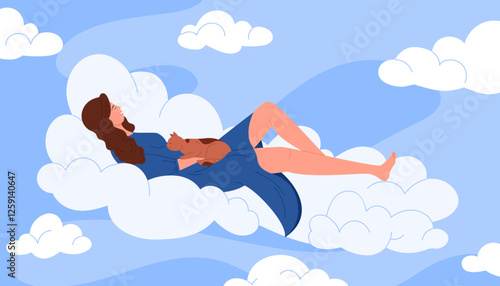 Sweet dream of happy girl on clouds, wellbeing and imagination, mental health. Young female character flying with cat on fluffy cloud in blue sky to dream and relax cartoon vector illustration