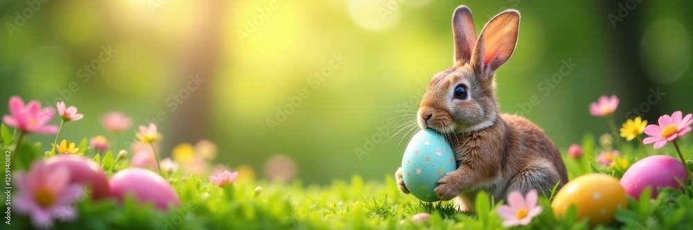 Obraz premium Rabbit holding an Easter egg amidst flowers and greenery, card, rabbit, spring