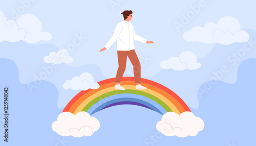 Man walking on rainbow in clouds, mental health, wellbeing and peace of mind. Young male in white dress standing on rainbow to create good vibe and positive mood cartoon vector illustration