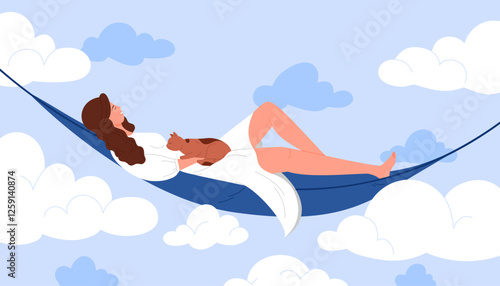 Dreams and happy sleep, mental health, wellbeing and healthy cozy time of girl lying in hammock with cat among white clouds and blue sky. Carefree rest of young dreamer cartoon vector illustration