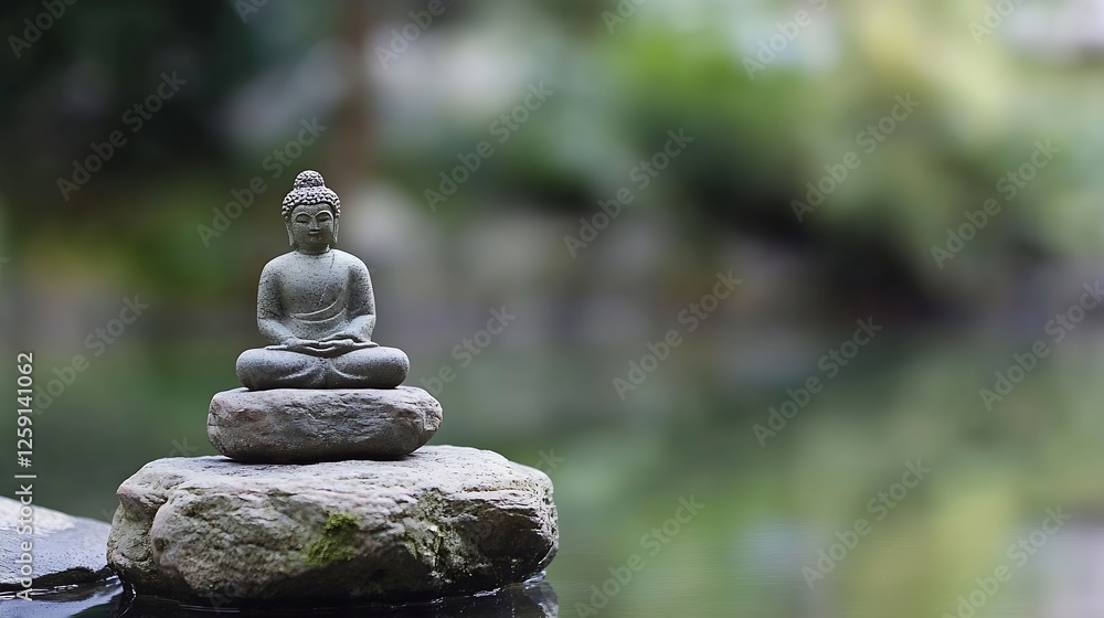 Buddha statue on stone surrounded by serene nature reflected in water : Generative AI Buddha statue on stone surrounded by serene nature reflected in water : Generative AI