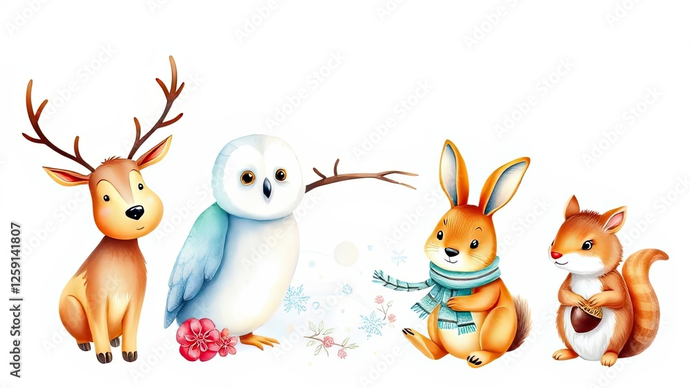Naklejka premium Cute Winter Animals Deer Owl Bunny Squirrel Illustration