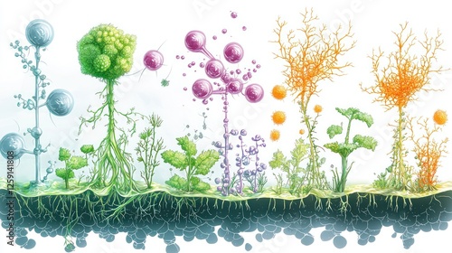 Diagram illustrating K, Na, Mg, and phosphate ion effects on plant growth, chloroplast synthesis, and cell development. photo