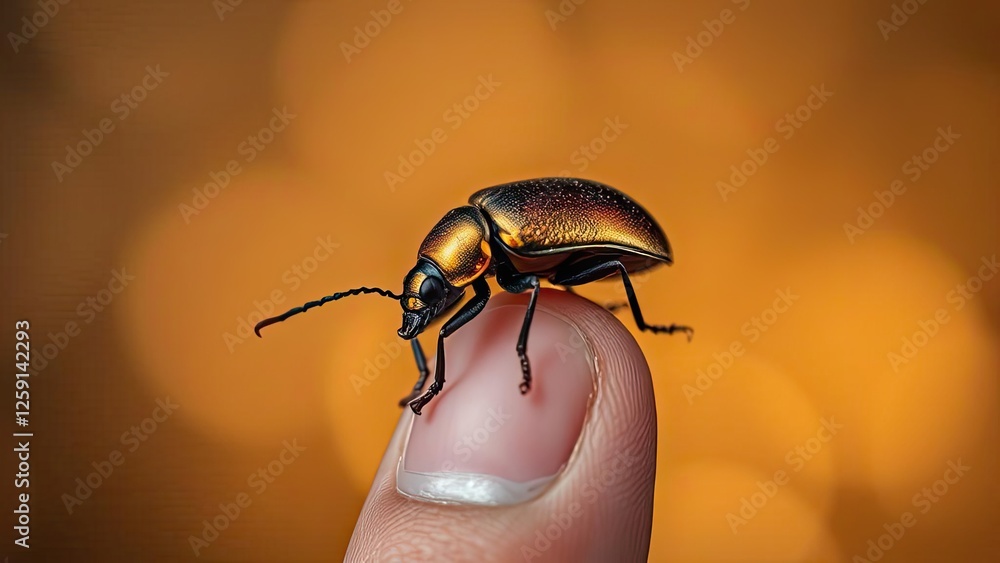 Golden Beetle Macro Photography Insect on Finger Nature Closeup Golden Beetle Macro Photography Insect on Finger Nature Closeup