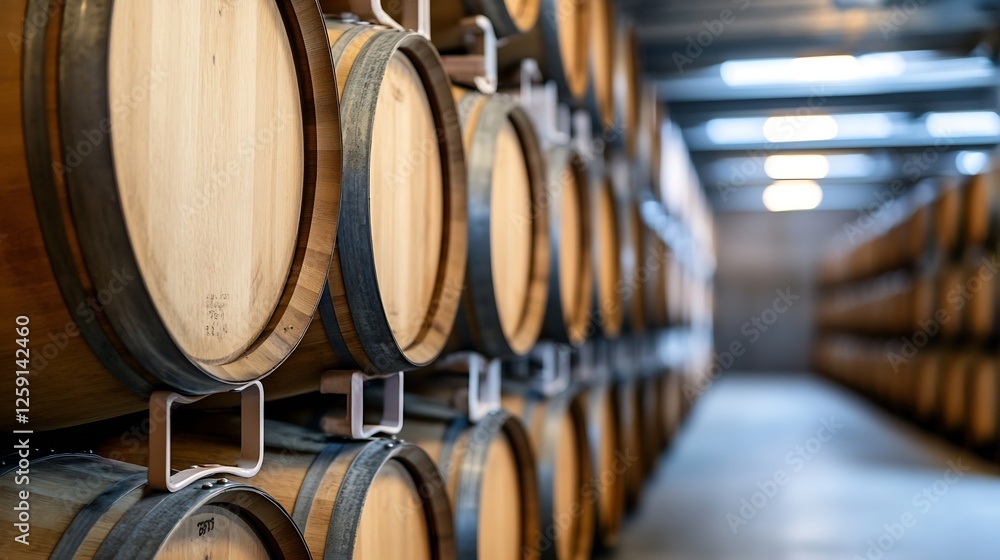 Wooden wine barrels stacked in a modern wine cellar showcasing aging process : Generative AI