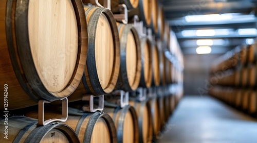 Wooden wine barrels stacked in a modern wine cellar showcasing aging process : Generative AI photo