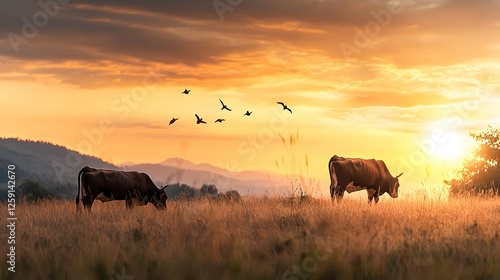 Wallpaper Mural Two Cows Grazing in a Field at Sunset Torontodigital.ca
