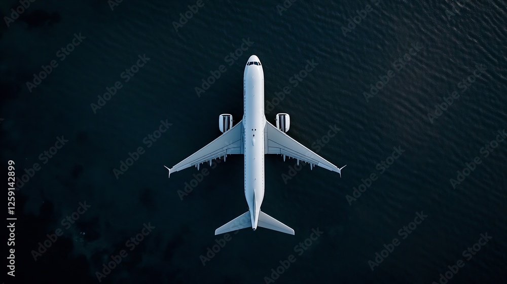 Top View of a Modern Airplane Flying Over Calm Blue Water : Generative AI Top View of a Modern Airplane Flying Over Calm Blue Water : Generative AI