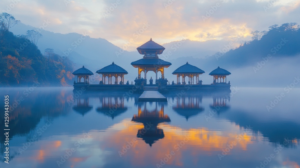 Fototapeta premium Ulun Danu Temple serene sunrise reflection mist mountains