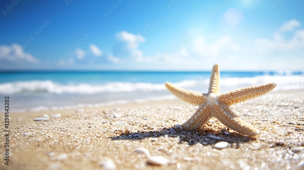 Beautiful Starfish on Sandy Beach with Crystal Clear Ocean Waves and Breathtaking Sunny Sky in the Background : Generative AI Beautiful Starfish on Sandy Beach with Crystal Clear Ocean Waves and Breathtaking Sunny Sky in the Background : Generative AI