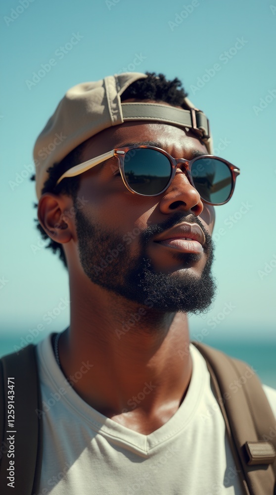 Confident Black Young Man Enjoying Sunny Day at Beach Confident Black Young Man Enjoying Sunny Day at Beach