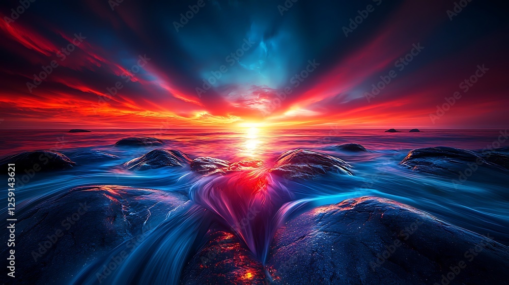 Fototapeta premium Vibrant sunset over ocean rocks, long exposure, peaceful scene, ideal for travel posters.