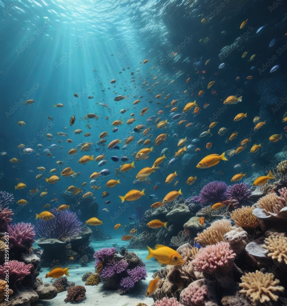 Naklejka premium School of colorful fish swimming together in a coral reef underwater scene, aquatic animals, coral reef, ocean life