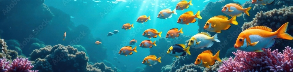 Naklejka premium School of colorful fish swimming together in the ocean , ocean, fishing, aquatic