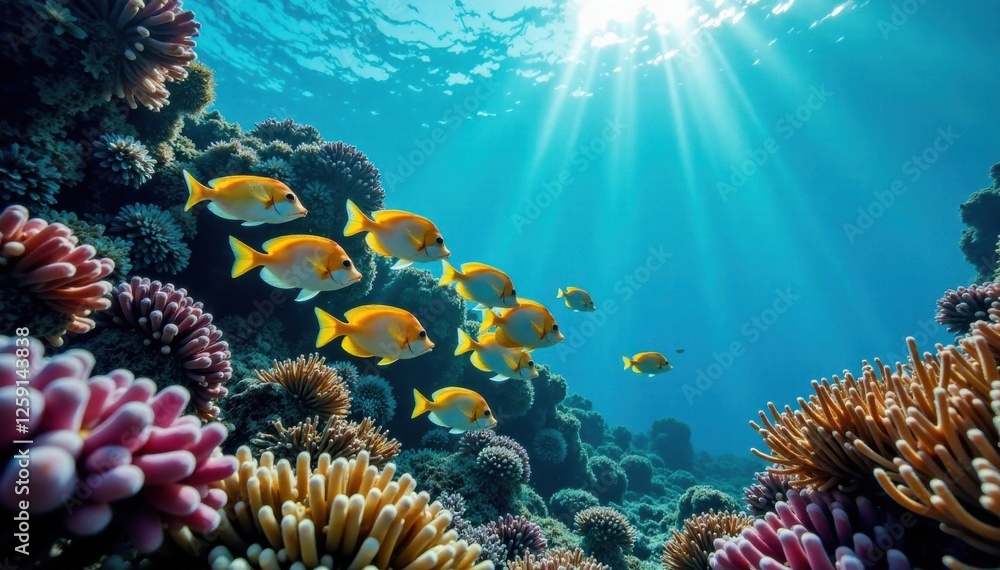 Fototapeta premium School of fish swimming together in the coral reef, marine, sea life, coral